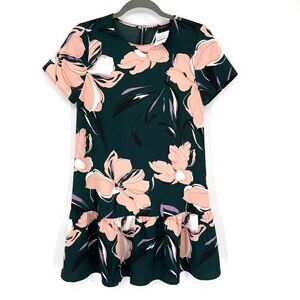 Halogen green‎ pink floral short sleeves ruffle shift dress women's XXS petite